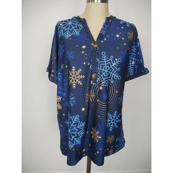 Women's V-neck Graphic Blue Print Short Sleeve Top L - Picture 1 of 5